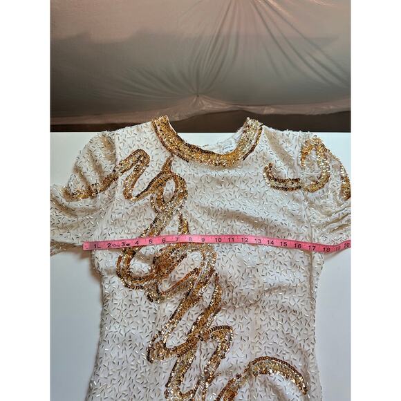 Vintage Cachet Bari Protas Womens 14 Silk Long sleeve Fully Beaded Dress Ivory - Picture 14 of 16